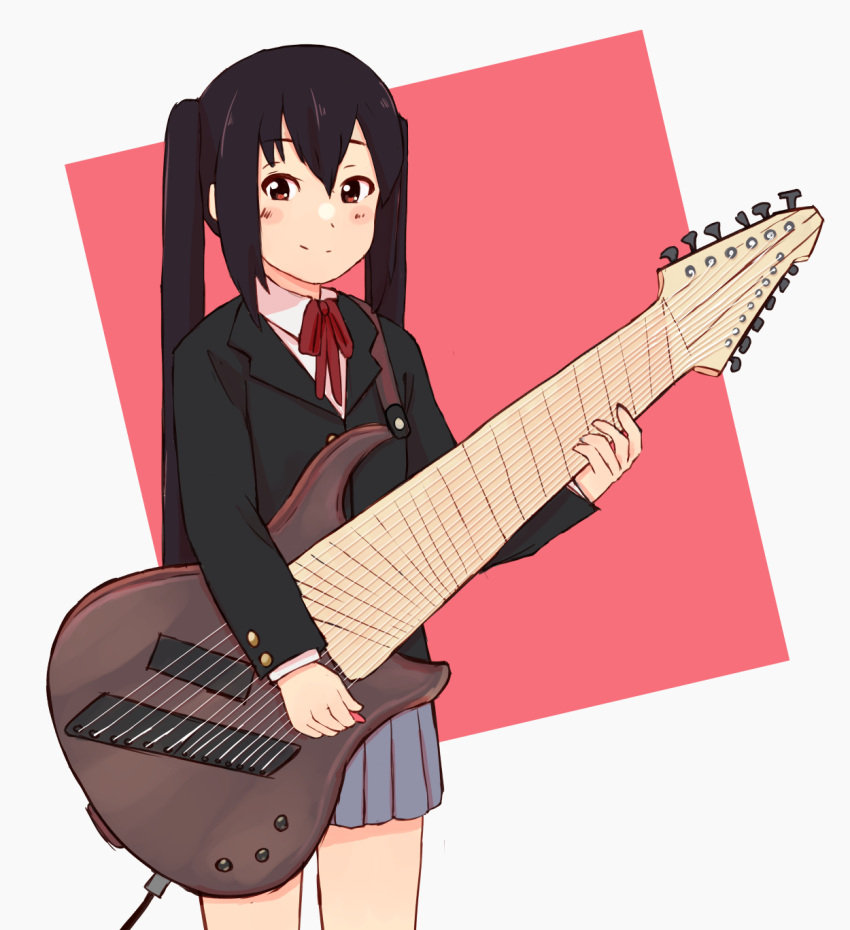 1girl black_hair blazer blush_stickers brown_eyes cable collared_shirt cowboy_shot electric_guitar english_commentary guitar highres holding holding_instrument instrument jacket k-on! long_hair looking_to_the_side mirlo2hu nakano_azusa pleated_skirt plectrum red_ribbon ribbon sakuragaoka_high_school_uniform school_uniform shirt skirt smile solo split_mouth twintails