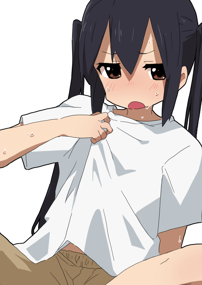 1girl absurdres black_hair brown_eyes clothes_pull highres hot k-on! kicchi_(tmgk) long_hair looking_to_the_side nakano_azusa open_mouth pulled_by_self shirt shirt_pull shorts sitting solo sweat sweatdrop twintails waistband white_shirt