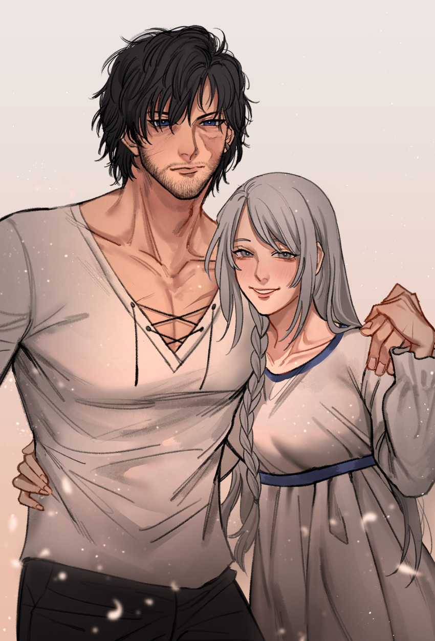 1boy 1girl absurdres arm_around_neck arm_around_shoulder arm_around_waist black_hair blue_eyes blush braid clive_rosfield closed_mouth commentary couple doopee205 dress english_commentary facial_hair final_fantasy final_fantasy_xvi grey_hair hand_on_another's_hip hetero highres hug jill_warrick long_hair looking_at_viewer muscular muscular_male official_alternate_costume pectorals scar scar_on_face shirt short_hair smile standing upper_body white_dress