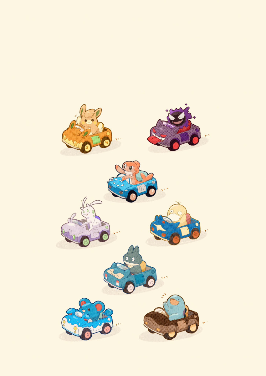 :d arm_up azumarill bright_pupils brown_eyes car clodsire closed_mouth commentary dondozo english_commentary fangs furrowed_brow gastly gengar golduck goodra green_eyes hand_up hands_up highres looking_at_viewer marill motor_vehicle munchlax no_humans notice_lines open_mouth pawmo pawmot pokemon pokemon_(creature) psyduck quagsire simple_background sitting sliggoo smile snorlax tatsugiri tatsugiri_(curly) teeth tongue tongue_out v-shaped_eyebrows waving white_background white_pupils wooper zozozoshion