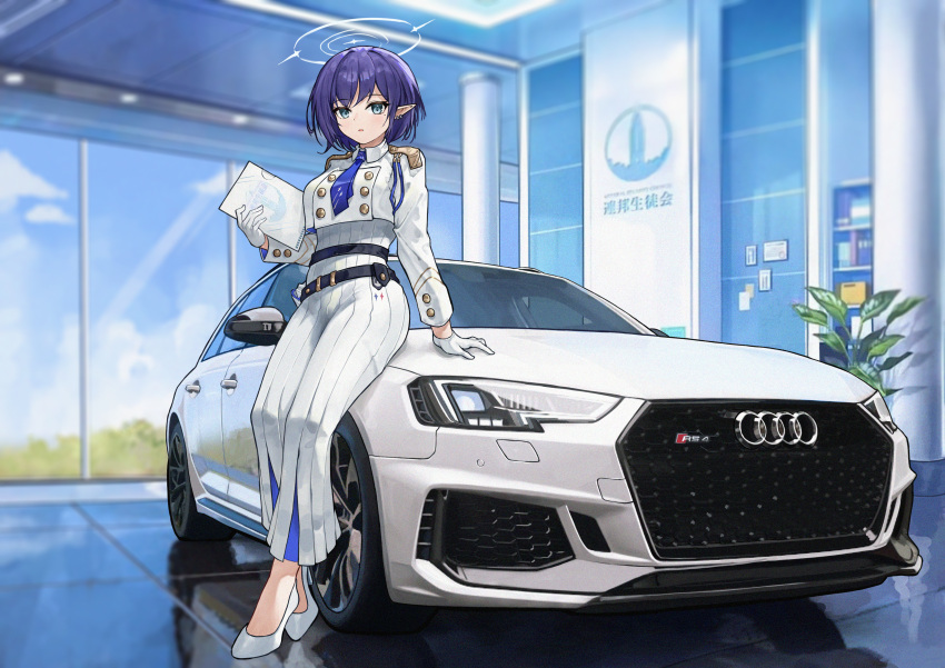 1girl absurdres aoi_(blue_archive) audi audi_rs4 blue_archive blue_necktie blue_sky car clouds commentary day dress fr-ee-dom gloves grey_eyes halo high_heels highres holding holding_paper indoors long_sleeves looking_at_viewer mole mole_under_eye motor_vehicle necktie paper pointy_ears purple_hair reflection short_hair sky solo vehicle_focus white_dress white_footwear white_gloves