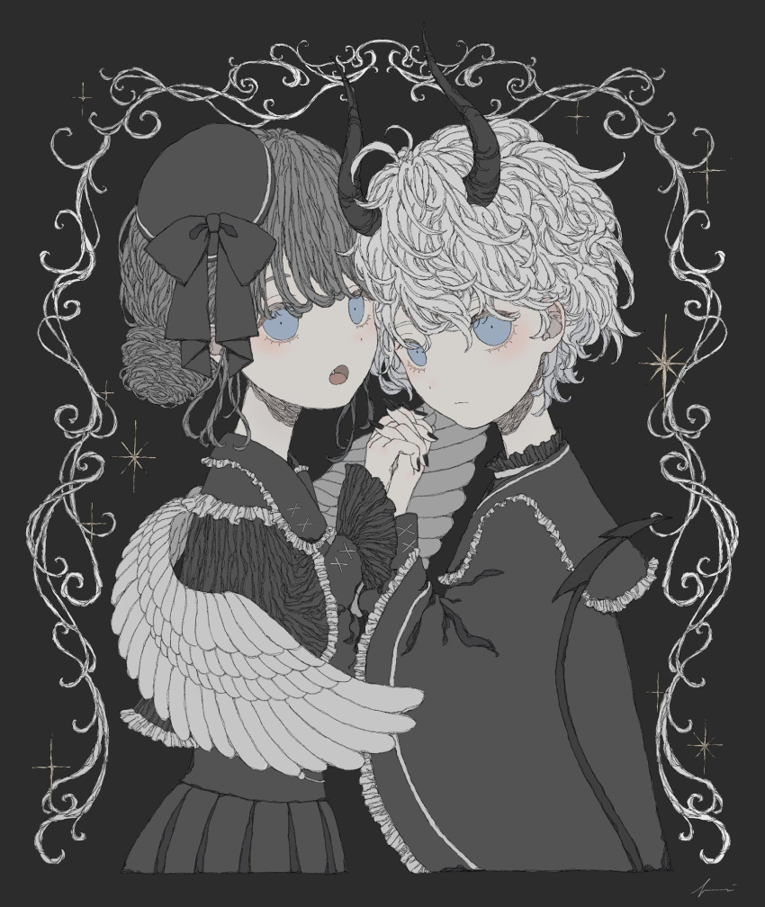 1boy 1girl black_background black_coat black_dress black_nails blue_eyes bow brother_and_sister coat demon_horns dress expressionless fang feathered_wings grey_hair hair_bun hat hat_bow highres holding_hands horns interlocked_fingers open_mouth original siblings tilted_headwear twins upper_body wavy_hair white_hair wings yuge_kemuri