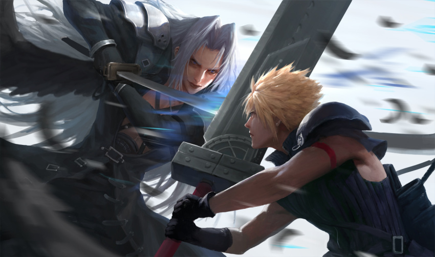 2boys apron arm_ribbon armor battle belt belt_buckle black_apron black_feathers black_gloves black_jacket black_wings blonde_hair buckle chest_strap clash cloud_strife commentary diaodiao feathered_wings feathers final_fantasy final_fantasy_vii final_fantasy_vii_advent_children fusion_swords gloves grey_hair high_collar jacket katana long_hair looking_at_viewer male_focus masamune_(ff7) motion_blur multiple_boys parted_bangs profile red_ribbon ribbon sephiroth shirt short_hair shoulder_armor single_wing sleeveless sleeveless_shirt sword sword_clash upper_body very_long_hair waist_apron weapon wings