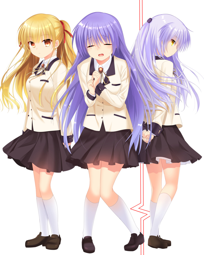 3girls alternate_costume angel_beats! arms_at_sides arms_behind_back black_footwear black_skirt blonde_hair blush breasts closed_eyes closed_mouth collared_shirt commentary commission cosplay crying expressionless eyes_visible_through_hair floating_hair full_body hair_between_eyes hair_over_shoulder half_updo hands_up highres irie_miyuki jacket knees_together_feet_apart light_purple_hair loafers long_hair long_sleeves looking_at_viewer looking_back miniskirt multiple_girls open_mouth orange_eyes otou_(otou_san) own_hands_together pleated_skirt ponytail profile red_ribbon ribbon school_uniform shirt shoes shy sideways_glance simple_background skirt small_breasts socks standing tachibana_kanade tachibana_kanade_(cosplay) tears very_long_hair wavy_mouth white_background white_hair white_shirt white_socks yellow_eyes yellow_jacket yellow_ribbon yusa_(angel_beats!)