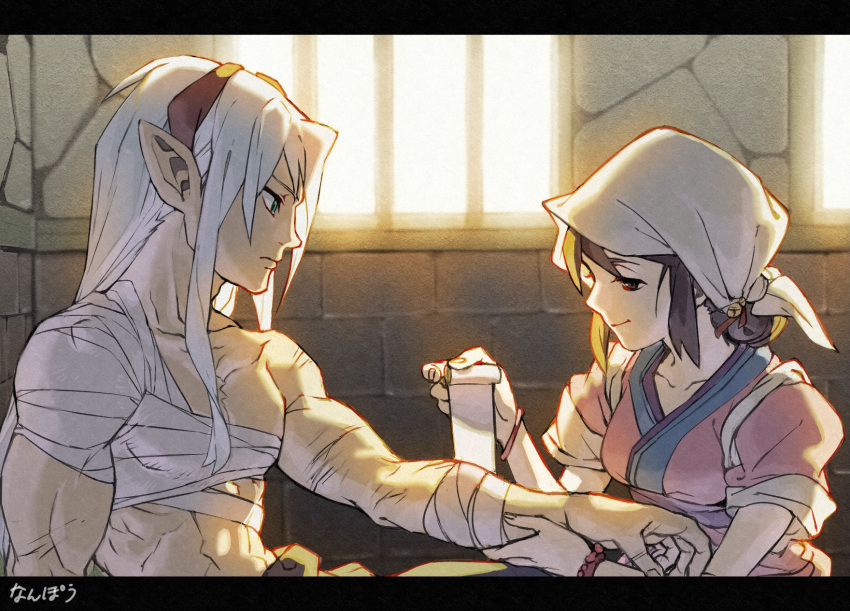 1boy 1girl bandaged_arm bandages breasts breath_of_fire breath_of_fire_iv brown_hair closed_mouth fou-lu highres horns long_hair mami_(breath_of_fire) muscular nanpou_(nanpou0021) pointy_ears smile topless_male white_hair