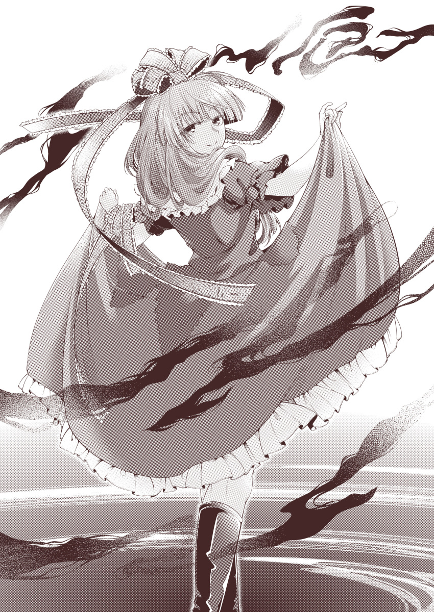 0-den 1girl absurdres blunt_bangs boots bow clothes_lift cowboy_shot dress feet_out_of_frame frills front_ponytail hair_bow hair_ribbon highres hina_ningyou kagiyama_hina lifted_by_self long_hair looking_at_viewer looking_back puffy_short_sleeves puffy_sleeves ribbon short_sleeves skirt skirt_lift smile solo thigh_boots too_many too_many_frills touhou zettai_ryouiki