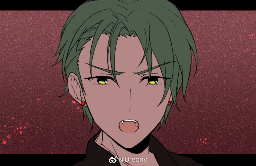 1boy commentary_request dreonya earrings ensemble_stars! eyewear_removed fangs green_eyes green_hair hasumi_keito jewelry looking_at_viewer male_focus open_mouth portrait short_hair solo teeth upper_teeth_only weibo_logo weibo_username