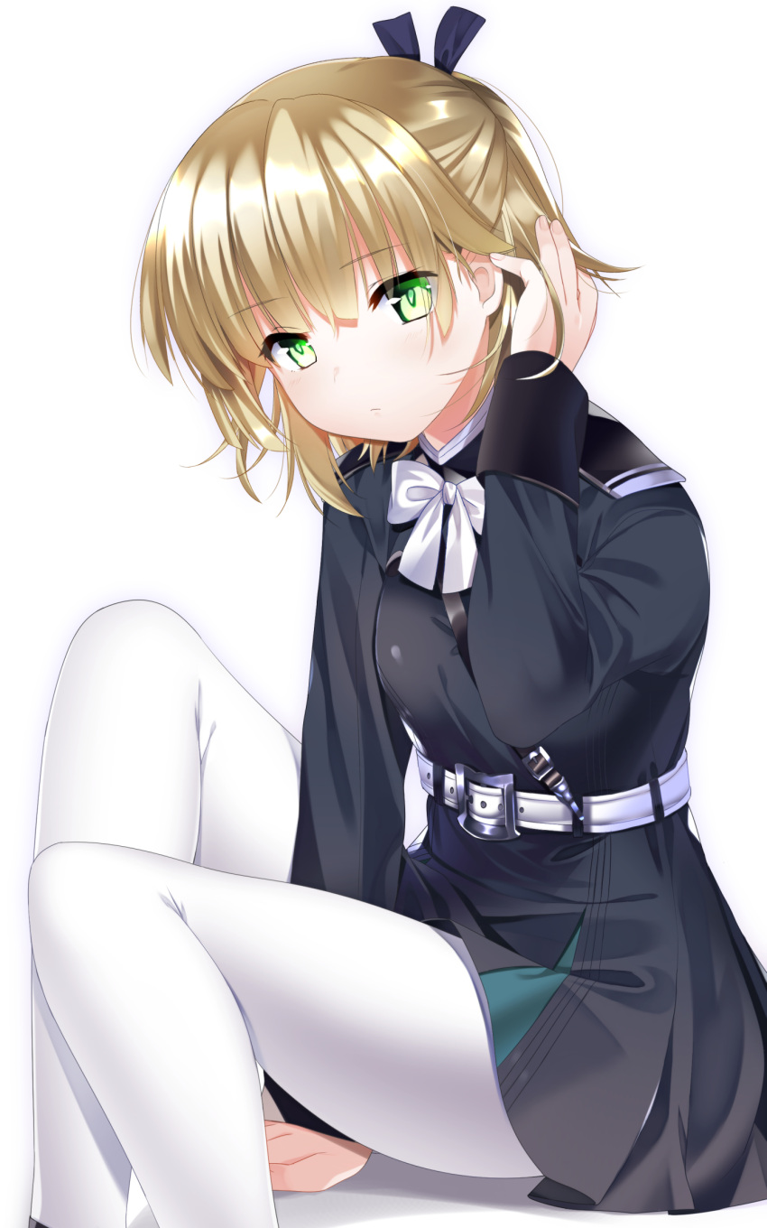 1girl adjusting_hair belt between_legs black_jacket black_ribbon black_skirt blonde_hair bow breasts closed_mouth expressionless eyes_visible_through_hair feet_out_of_frame fingernails frown green_eyes hair_between_eyes hair_ribbon hand_between_legs hand_up heaven_burns_red highres jacket light_blush long_sleeves looking_at_viewer medium_hair miniskirt nanase_nanami_(heaven_burns_red) otou_(otou_san) pantyhose ribbon short_ponytail simple_background sitting skirt small_breasts solo thighs white_background white_belt white_bow white_pantyhose