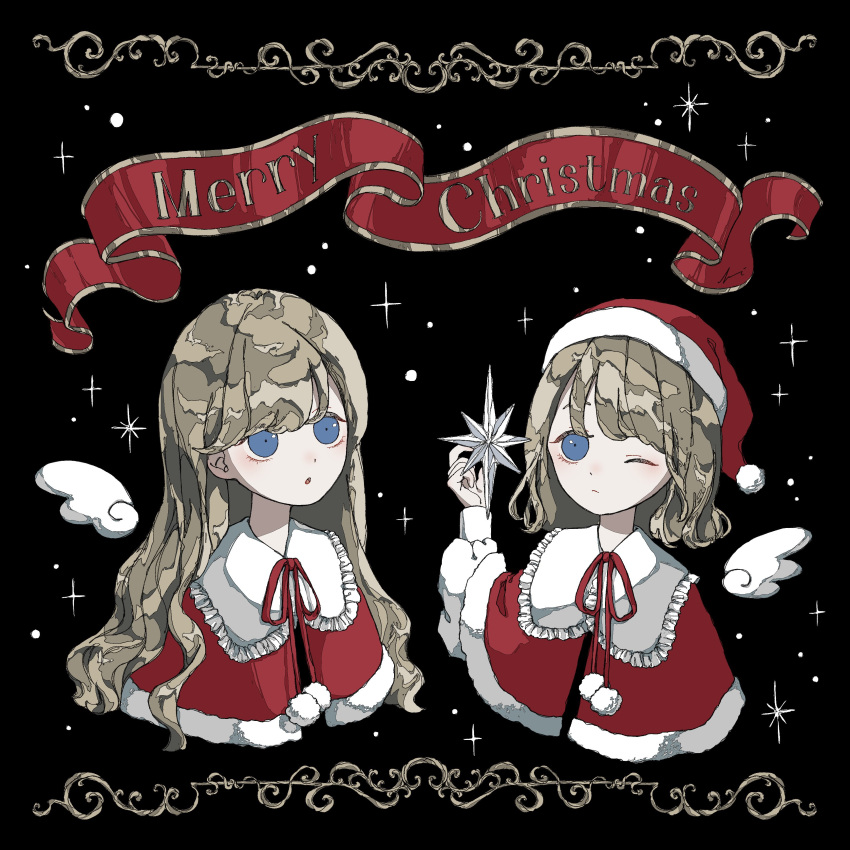 2girls :o absurdres black_background blue_eyes capelet detached_wings expressionless fur-trimmed_capelet fur_trim grey_hair hat highres long_hair long_sleeves medium_hair merry_christmas mini_wings multiple_girls one_eye_closed original pom_pom_(clothes) red_capelet red_headwear santa_hat sparkle upper_body wings yuge_kemuri