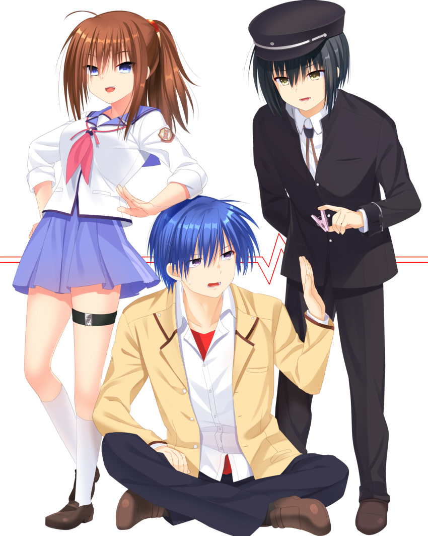 1girl 2boys :d ahoge angel_beats! black_hair black_headwear black_jacket black_pants blue_eyes blue_hair blue_skirt breasts brown_footwear brown_hair clothes_pin collarbone collared_shirt commentary crossed_legs dress_shirt eyes_visible_through_hair fingernails frown full_body hair_between_eyes hand_on_own_hip hand_up hat highres hinata_hideki hisako_(angel_beats!) holding jacket legs loafers long_hair long_sleeves looking_at_another looking_at_viewer lower_teeth_only medium_breasts miniskirt multiple_boys naoi_ayato neckerchief nose open_clothes open_jacket open_mouth otou_(otou_san) pants peaked_cap pink_neckerchief pleated_skirt ponytail shinda_sekai_sensen_uniform shirt shoes short_hair simple_background sitting skirt sleeves_rolled_up smile socks standing straight_hair sweatdrop teeth upper_teeth_only violet_eyes white_background white_shirt white_socks yellow_eyes yellow_jacket