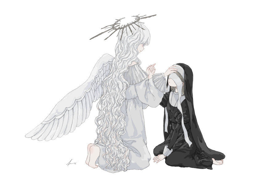 2girls absurdres angel angel_wings barefoot black_dress commentary covered_eyes cross cross_necklace dress full_body grey_hair habit halo hand_on_another's_head highres holding_hands jewelry kneeling long_hair looking_at_another multiple_girls necklace nun original simple_background single_wing sitting symbol-only_commentary very_long_hair wariza white_background white_dress white_hair wings yuge_kemuri