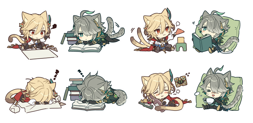 &gt;_&lt; 2boys 3: :&lt; :3 :p absurdres ahoge alhaitham_(genshin_impact) animal_ear_fluff animal_ears antenna_hair aqua_eyes arm_up armlet asymmetrical_sidelocks belt black_footwear black_gloves blonde_hair blue_belt blush book book_stack boots bottle brown_hair cape cat_ears cat_tail chalice chibi closed_eyes colored_inner_hair colored_shoe_soles colored_tips commentary_request crumpled_paper double-parted_bangs drooling earrings feather_hair_ornament feathers fingerless_gloves food genshin_impact gloves grey_hair hair_between_eyes hair_ornament hair_over_one_eye hand_up headphones highres holding holding_book holding_pencil jewelry kaveh_(genshin_impact) kemonomimi_mode kokotendon leopard_tail long_bangs long_hair long_sleeves lying male_focus mehrak_(genshin_impact) mouth_drool multicolored_hair multiple_boys multiple_views necklace object_hug on_stomach one_eye_covered open_book paper pencil pillow plate puffy_long_sleeves puffy_sleeves reading reclining red_cape red_eyes sandwich set_square shirt shoes short_hair sidelocks simple_background sitting sleeping squiggle stacking streaked_hair sweat tail tail_wagging tongue tongue_out toy_block two-tone_hair white_background white_footwear white_shirt zzz