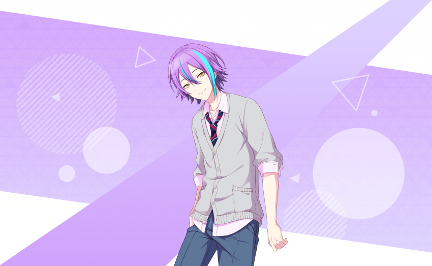1boy aqua_hair arm_at_side asymmetrical_bangs buttons cardigan circle closed_mouth colorful_palette cowboy_shot diagonal-striped_necktie dot_nose grey_cardigan hair_between_eyes hand_in_pocket highres kamishiro_rui kamiyama_high_school_uniform_(project_sekai) long_sleeves looking_at_viewer multicolored_hair necktie official_art project_sekai purple_hair school_uniform short_hair solo streaked_hair striped_necktie third-party_source triangle yellow_eyes