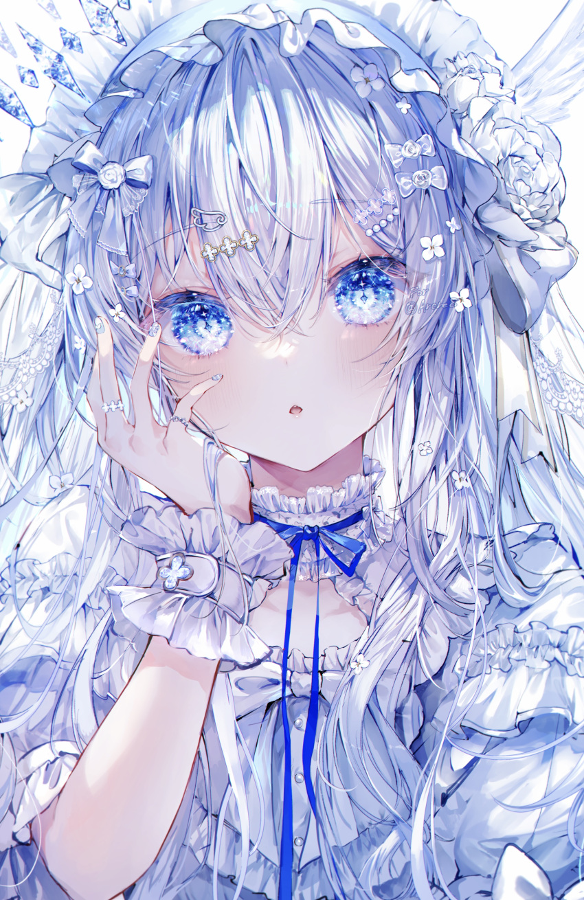 1girl absurdres blue_dress blue_eyes blue_hairband blush choker dress flower frilled_choker frilled_dress frilled_wristband frills hair_flower hair_ornament hairband hairclip hand_on_own_face highres jewelry lolita_fashion lolita_hairband long_hair looking_at_viewer multiple_hairpins nail_polish noyu_(noyu23386566) original parted_lips ring rose simple_background solo upper_body white_flower white_hair white_rose
