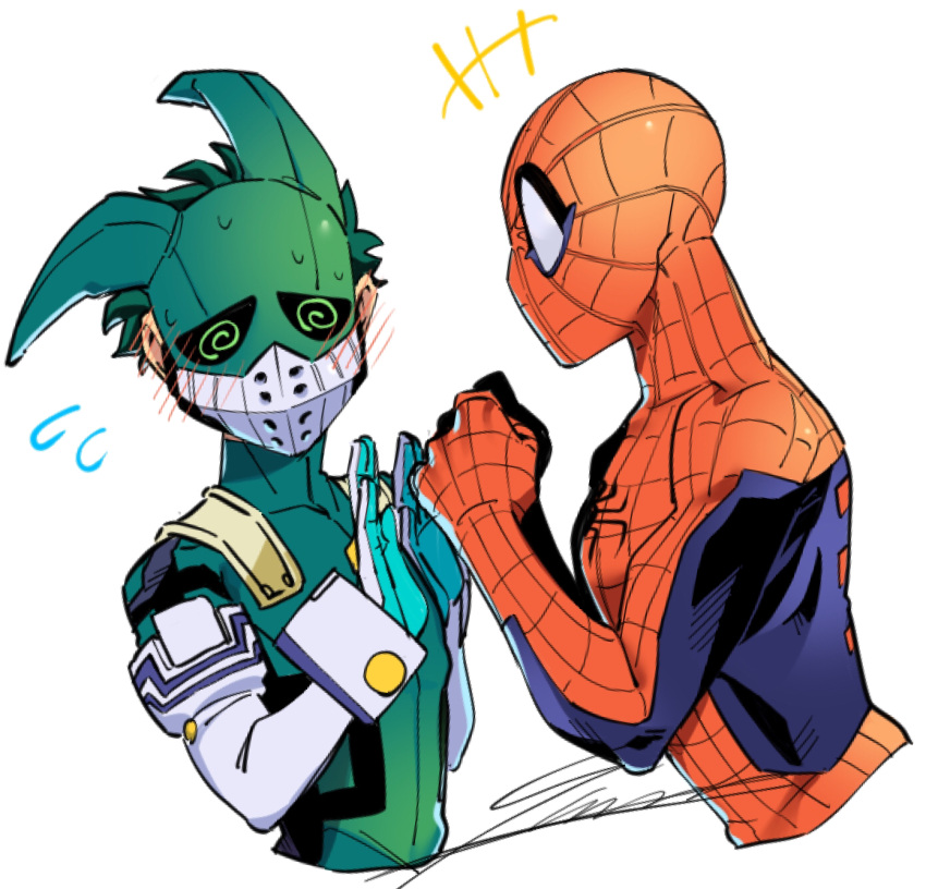 +++ 2boys @_@ animal_print aqua_gloves blue_bodysuit blush blush_visible_through_clothes bodysuit boku_no_hero_academia clenched_hands covered_face cropped_torso crossover embarrassed excited flying_sweatdrops from_side gloves green_bodysuit green_hair green_mask hands_up highres kuwanosisyamo leaning_back leaning_forward looking_at_another male_focus marvel midoriya_izuku multiple_boys open_hands print_bodysuit profile red_bodysuit short_hair signature simple_background spider-man spider-man_(series) spider_print spider_web_print superhero turning_head two-tone_bodysuit upper_body white_background white_gloves