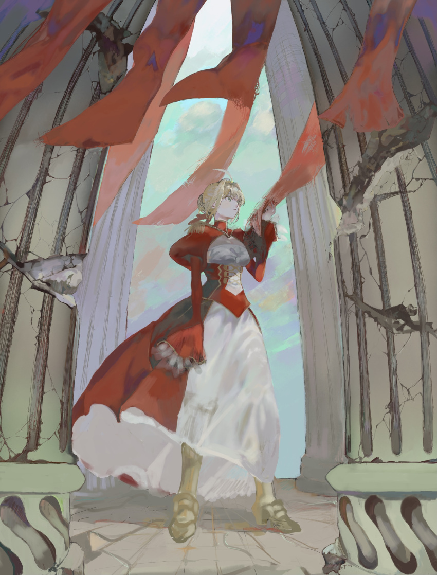 1girl absurdres ahoge armored_boots blonde_hair boots bow braid clouds epaulettes fate/extra fate_(series) french_braid full_body green_eyes hair_bow highres nero_claudius_(fate) nero_claudius_(fate/extra) onikutamago pillar puffy_sleeves red_bow see-through sky solo wind