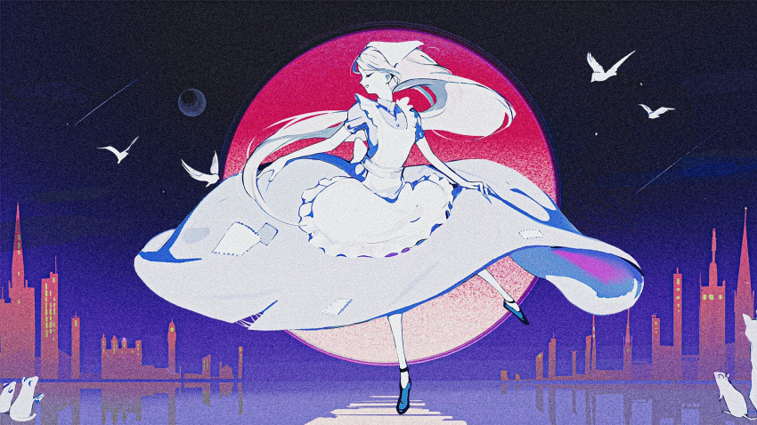 1girl apron bird cat cityscape closed_eyes dress floating_hair full_body full_moon highres limited_palette long_hair moon mouse original parted_lips red_moon roundbee skirt_hold sky smile solo standing standing_on_one_leg very_long_hair
