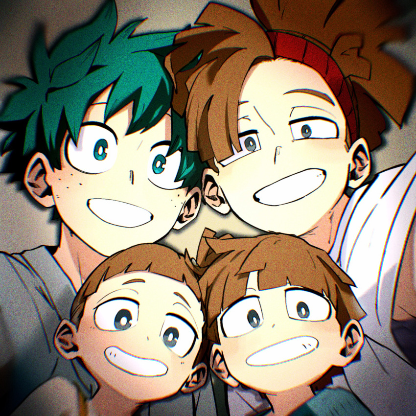 1girl 3boys aqua_eyes bandana blue_shirt blunt_bangs blunt_ends blurry blush boku_no_hero_academia bowl_cut bright_pupils brother_and_sister brothers brown_hair cel_shading chromatic_aberration depth_of_field eyebrows_hidden_by_hair female_child film_grain freckles green_hair grey_background grey_eyes grey_shirt grin group_picture hair_pulled_back hand_up happy head_tilt high_ponytail high_side_ponytail highres jacket kuwanosisyamo lala_soul light looking_at_viewer male_child male_focus midoriya_izuku multiple_boys outstretched_arm pac-man_eyes reaching reaching_towards_viewer red_bandana rody_soul roro_soul selfie shadow shirt short_eyebrows short_hair siblings sleeveless smile soft_focus spiky_hair t-shirt teeth upper_body vignetting white_pupils white_shirt