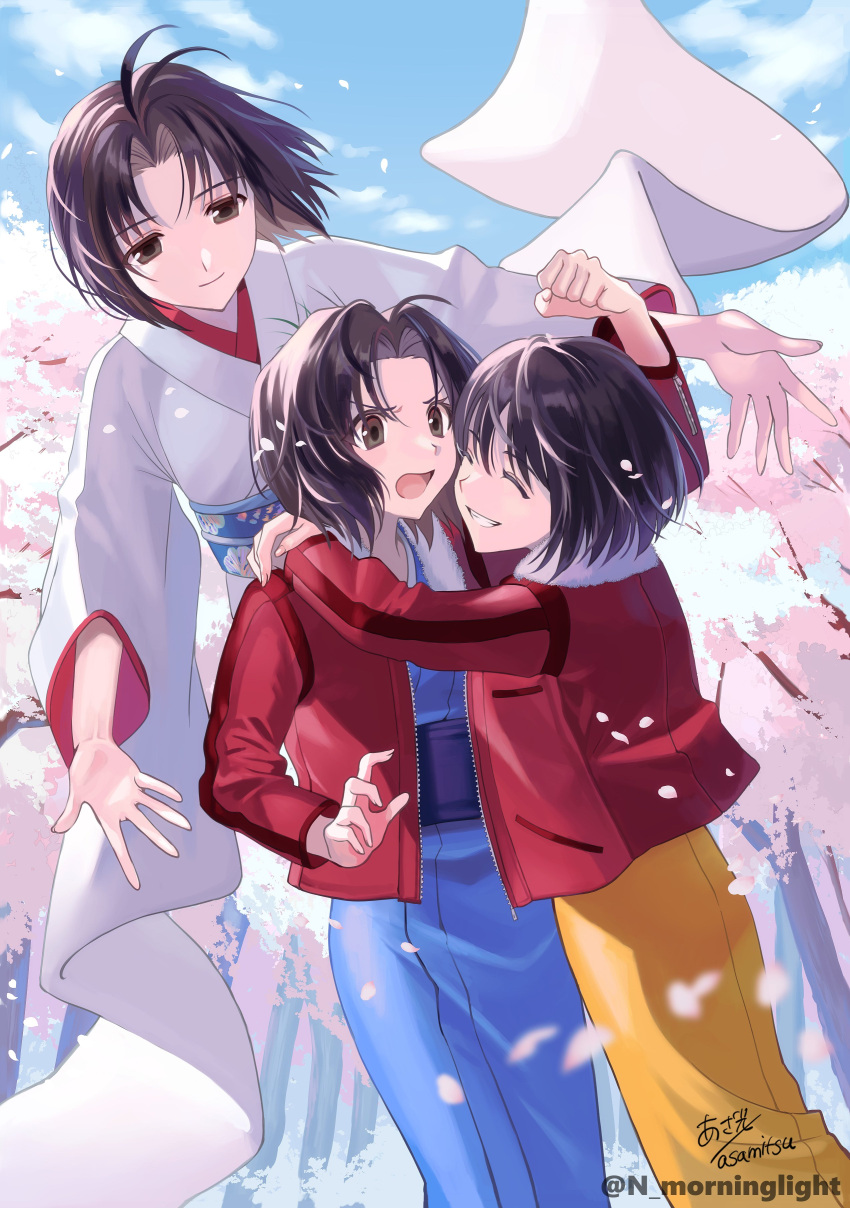 3girls absurdres asakou_(n_morninglight) black_eyes black_hair blue_kimono blue_sky blush cherry_blossoms closed_eyes closed_mouth clouds commentary_request day forehead fur-trimmed_jacket fur_trim grin highres hug jacket japanese_clothes kara_no_kyoukai kimono long_sleeves multiple_girls multiple_persona obi open_clothes open_jacket open_mouth outdoors parted_bangs petals red_jacket ryougi_shiki sash short_hair signature sky smile tree twitter_username white_kimono wide_sleeves yellow_kimono