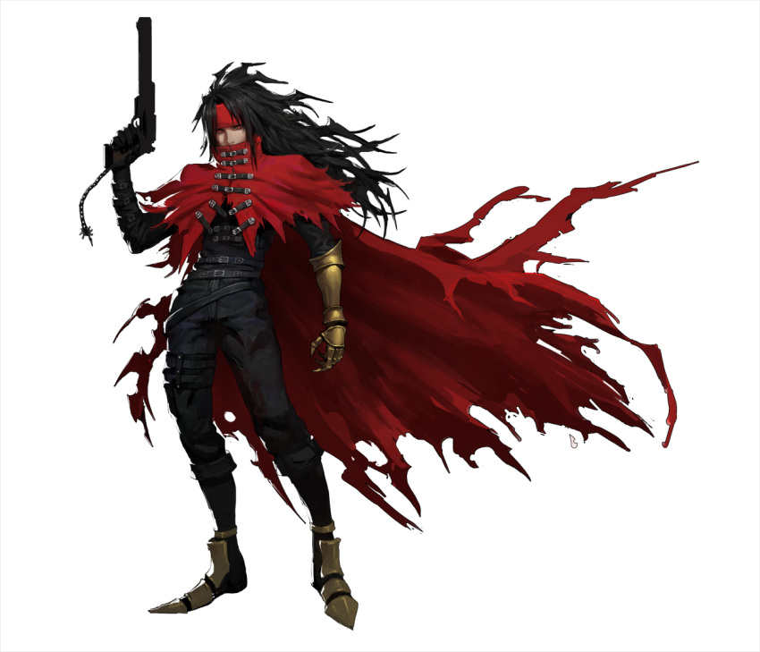 1boy belt belt_buckle black_gloves black_hair black_jacket black_pants buckle cape clawed_gauntlets cloak commentary covering_mouth diaodiao final_fantasy final_fantasy_vii floating_cape full_body gauntlets gloves gun hand_up headband holding holding_gun holding_weapon jacket long_hair looking_at_viewer metal_boots multiple_belts pants parted_bangs red_cape red_cloak red_eyes red_headband single_gauntlet single_glove solo standing torn_cape torn_cloak torn_clothes vincent_valentine weapon white_background
