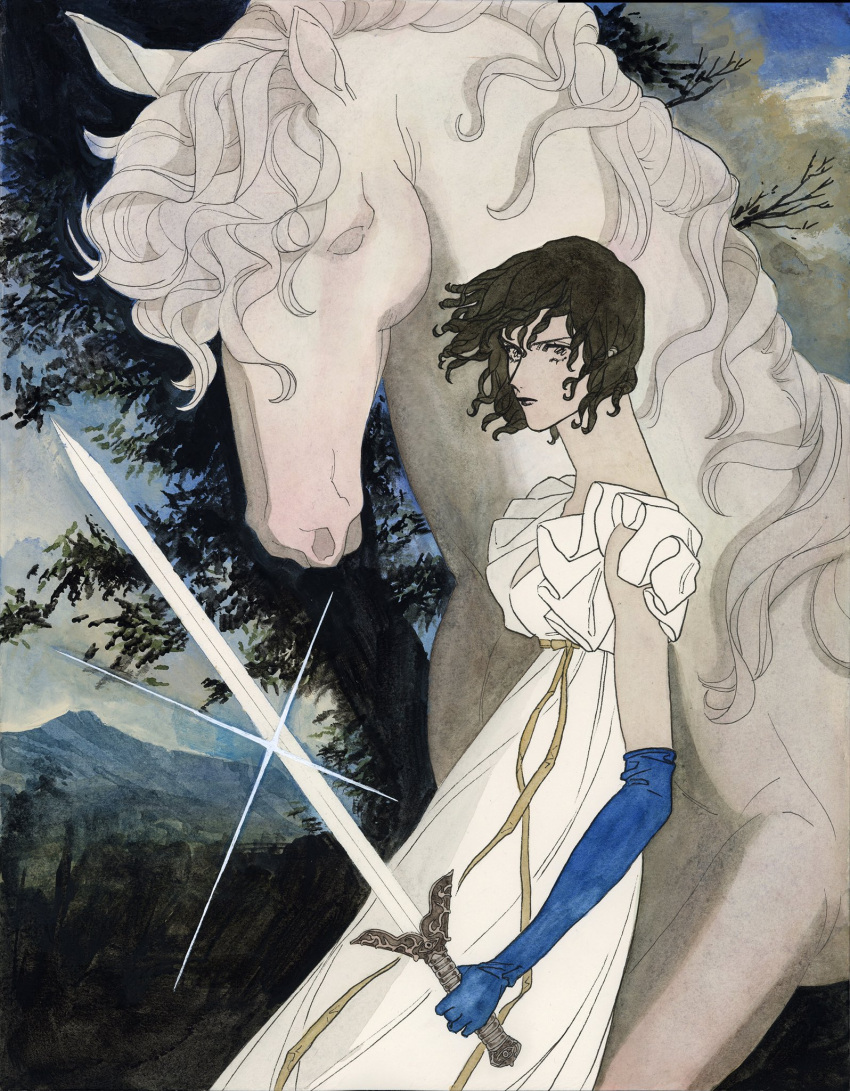 1girl animal black_hair blue_gloves clouds cloudy_sky commentary dress elbow_gloves frilled_dress frills from_side gloves highres holding holding_sword holding_weapon horse nama99 original outdoors painting_(medium) scenery short_hair sky sleeveless sleeveless_dress solo sword traditional_media tree watercolor_(medium) weapon white_dress white_horse