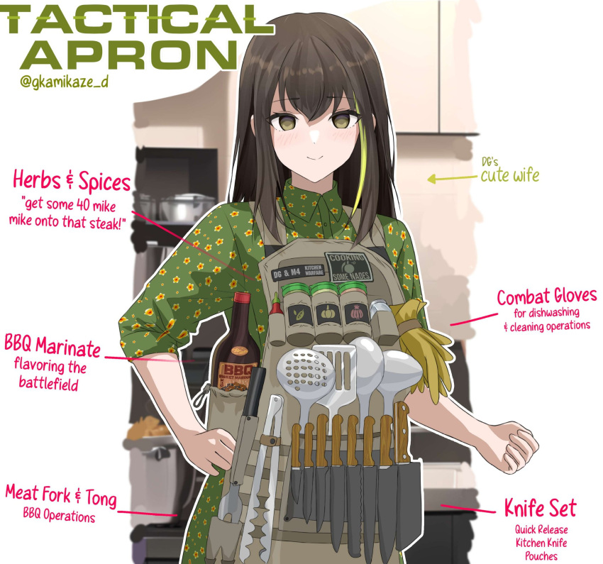 1girl apron black_hair blush brown_eyes collared_shirt cooking_pot dgkamikaze english_commentary english_text floral_print girls_frontline gloves green_hair hand_on_own_hip highres kitchen kitchen_knife long_hair looking_at_viewer m4a1_(girls'_frontline) multicolored_hair sauce shirt sleeves_rolled_up smile spatula streaked_hair tongs twitter_username