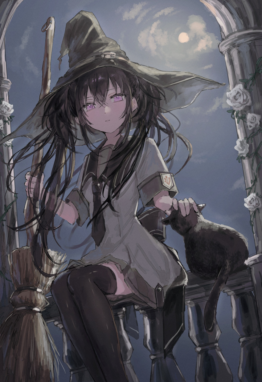 1girl absurdres arch black_cat black_hair black_necktie black_sailor_collar black_thighhighs broom cat crossed_bangs dot_nose dress feet_out_of_frame flower grey_dress hair_between_eyes hat highres holding holding_broom kumagai_yuka legs_together long_hair looking_at_viewer necktie original petting plant rose sailor_collar sailor_dress school_uniform short_sleeves sidelocks sitting sitting_on_railing solo thigh-highs twintails vines violet_eyes white_flower white_rose witch witch_hat