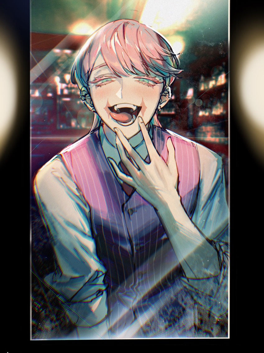 1boy :d blue_eyes collared_shirt cowboy_shot earrings hand_up highres indoors jewelry long_hair looking_at_viewer male_focus open_mouth pink_hair pink_vest sanzu_haruchiyo shirt sleeves_rolled_up smile solo sonyo738 standing teeth tokyo_revengers tongue tongue_out vest white_shirt