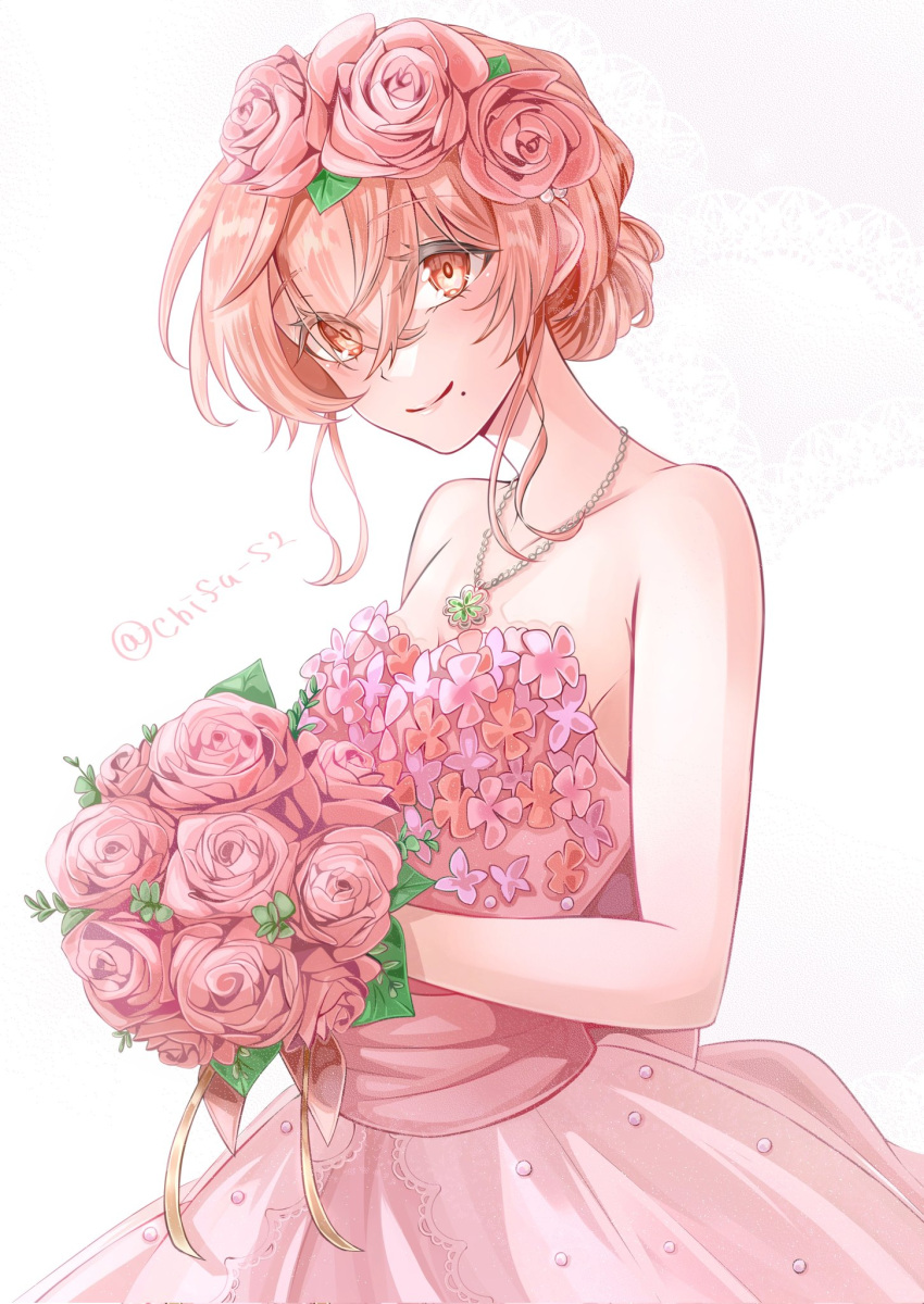 1girl bouquet chifu_s2 closed_mouth cowboy_shot dress flower hair_flower hair_ornament highres holding holding_bouquet jewelry looking_at_viewer mole mole_under_mouth necklace pink_dress pink_eyes pink_flower pink_hair short_hair simple_background smile solo standing tachibana_hinata_(tokyo_revengers) tokyo_revengers twitter_username white_background