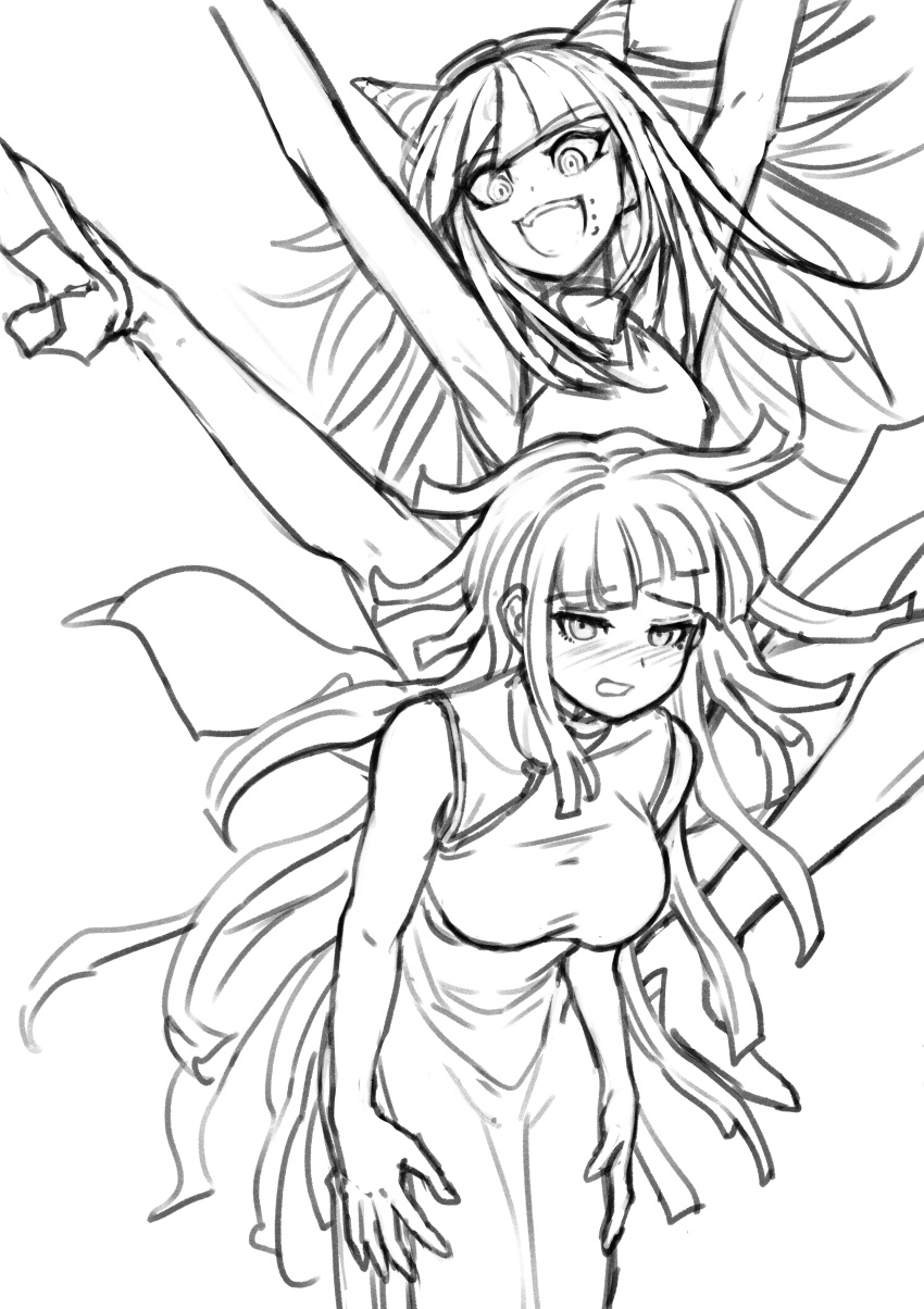 2girls :d absurdres alternate_costume arms_up bare_arms bare_shoulders blush breasts china_dress chinese_clothes danganronpa_(series) danganronpa_2:_goodbye_despair dress greyscale hair_horns happy high_heels highres large_breasts leg_up long_hair looking_at_viewer messy_hair mioda_ibuki mole mole_under_eye monochrome multiple_girls shoes smile teeth tsumiki_mikan upper_teeth_only youko-shima