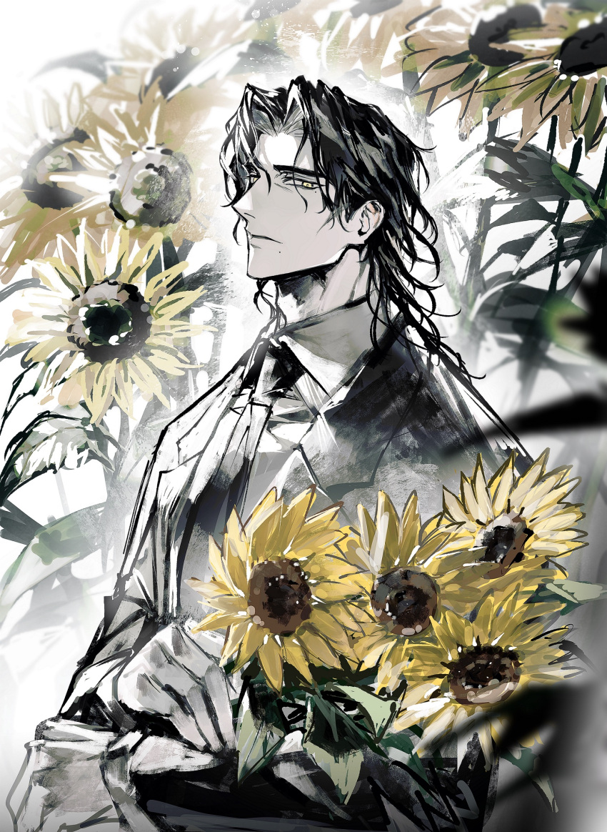 1boy black_hair black_jacket black_necktie bouquet closed_mouth collared_shirt flower highres holding holding_bouquet holding_flower jacket long_hair long_sleeves looking_at_viewer male_focus necktie original parted_bangs remsrar shirt solo sunflower upper_body white_shirt wing_collar yellow_eyes