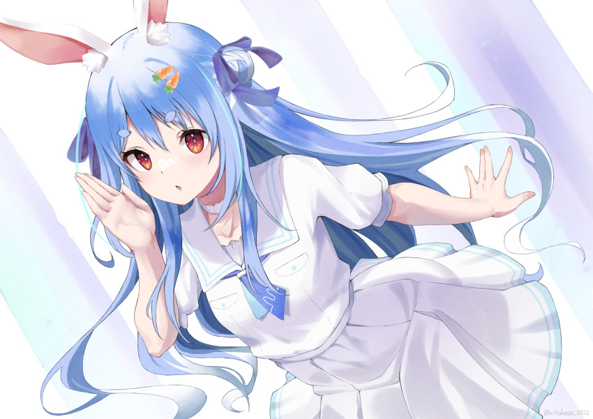 1girl absurdres animal_ear_fluff animal_ears arched_back arm_at_side belt blue_hair blue_neckerchief breasts carrot_hair_ornament choker choppy_bangs crescent double_bun dress food-themed_hair_ornament hair_between_eyes hair_bun hair_ornament hairclip half_updo highres hololive leaning_forward long_hair looking_at_viewer multicolored_hair neckerchief official_alternate_costume official_alternate_hairstyle puffy_short_sleeves puffy_sleeves rabbit-shaped_pupils rabbit_ears red_eyes ritohasu_0522 sailor_collar sailor_dress short_eyebrows short_hair short_sleeves small_breasts solo symbol-shaped_pupils thick_eyebrows two-tone_hair usada_pekora usada_pekora_(4th_costume) virtual_youtuber white_belt white_choker white_dress white_hair white_sailor_collar