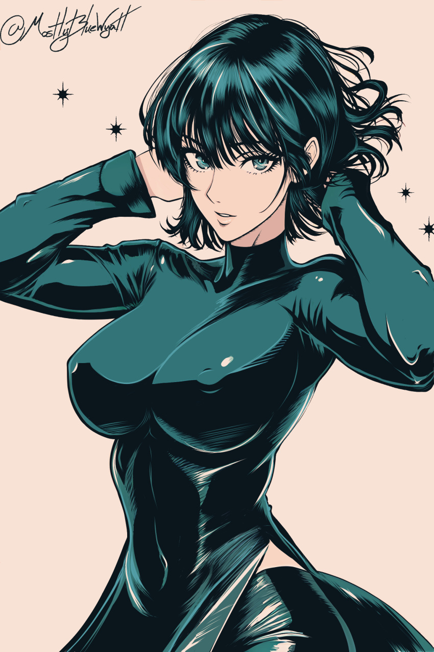 1girl breasts dress fubuki_(one-punch_man) green_dress green_eyes green_hair highres light_smile lips long_sleeves looking_at_viewer mostlybluewyatt navel one-punch_man short_hair simple_background solo twitter_username