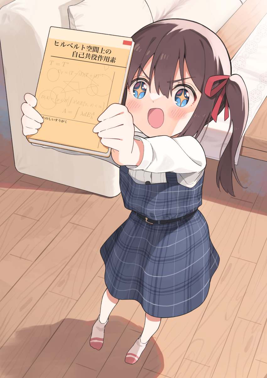 1girl absurdres bed blue_eyes blush brown_hair child commentary_request dress female_child hair_ribbon highres indoors math medium_hair nirareba open_mouth original outstretched_arms ribbon shadow side_ponytail socks solo sparkling_eyes standing translated wooden_floor