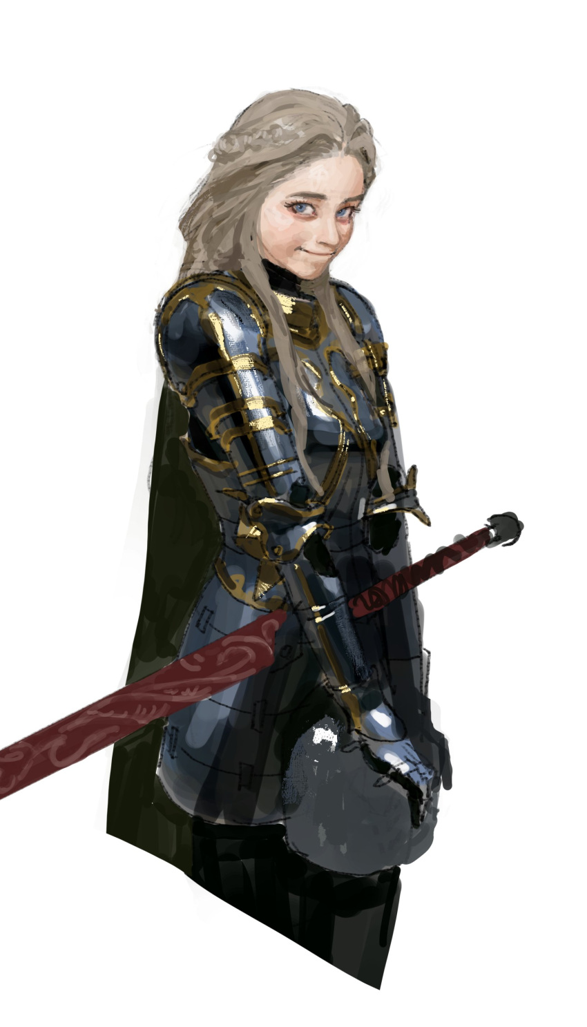 1girl absurdres armor b66wt blue_eyes closed_mouth cropped_legs forehead gold_trim headwear_removed helmet helmet_removed highres long_hair looking_at_viewer original realistic scabbard sheath sheathed sidelocks simple_background smile solo sword weapon white_background
