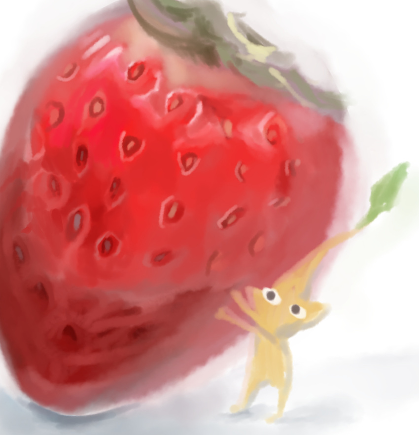 check_commentary colored_skin commentary commentary_request food fruit highres holding holding_food holding_fruit iat-418 leaf pikmin_(creature) pikmin_(series) pointy_ears shadow shady_eyes strawberry tiny white_background yellow_pikmin yellow_skin