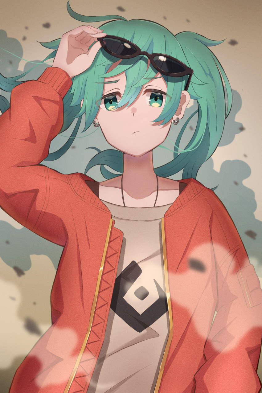 1girl absurdres adjusting_eyewear alternate_eye_color aqua_eyes closed_mouth collarbone cowboy_shot dust dust_cloud earrings eyewear_on_head floating_hair frown green_hair hair_between_eyes hatsune_miku highres hoop_earrings jacket jewelry long_sleeves looking_at_viewer necklace nemo_81612100 red_jacket shirt solo suna_no_wakusei_(vocaloid) sunglasses twintails vocaloid white_shirt