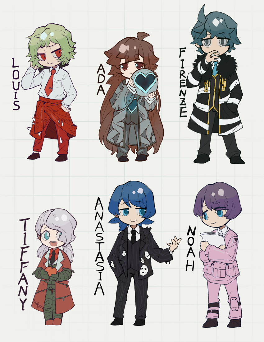 3boys 3girls :3 ahoge apple aqua_hair aqua_necktie black_coat black_jacket black_necktie black_pants black_vest blue_eyes blue_hair brown_eyes brown_hair chinese_commentary closed_mouth clothes_around_waist coat collared_shirt commentary_request employee_(lobotomy_corporation) food fruit full_body green_hair grey_coat grey_eyes grey_pants grey_vest highres holding holding_food holding_fruit holding_orb holding_paper jacket jacket_around_waist lobotomy_corporation long_hair long_sleeves multiple_boys multiple_girls necktie no_nose open_clothes open_coat open_jacket pants paper pink_jacket pink_pants project_moon purple_hair red_coat red_eyes red_jacket red_necktie red_pants red_shirt shirt short_hair sleeves_past_wrists smile teeth tesna tie_clip twintails upper_teeth_only very_long_hair vest white_hair white_necktie white_shirt