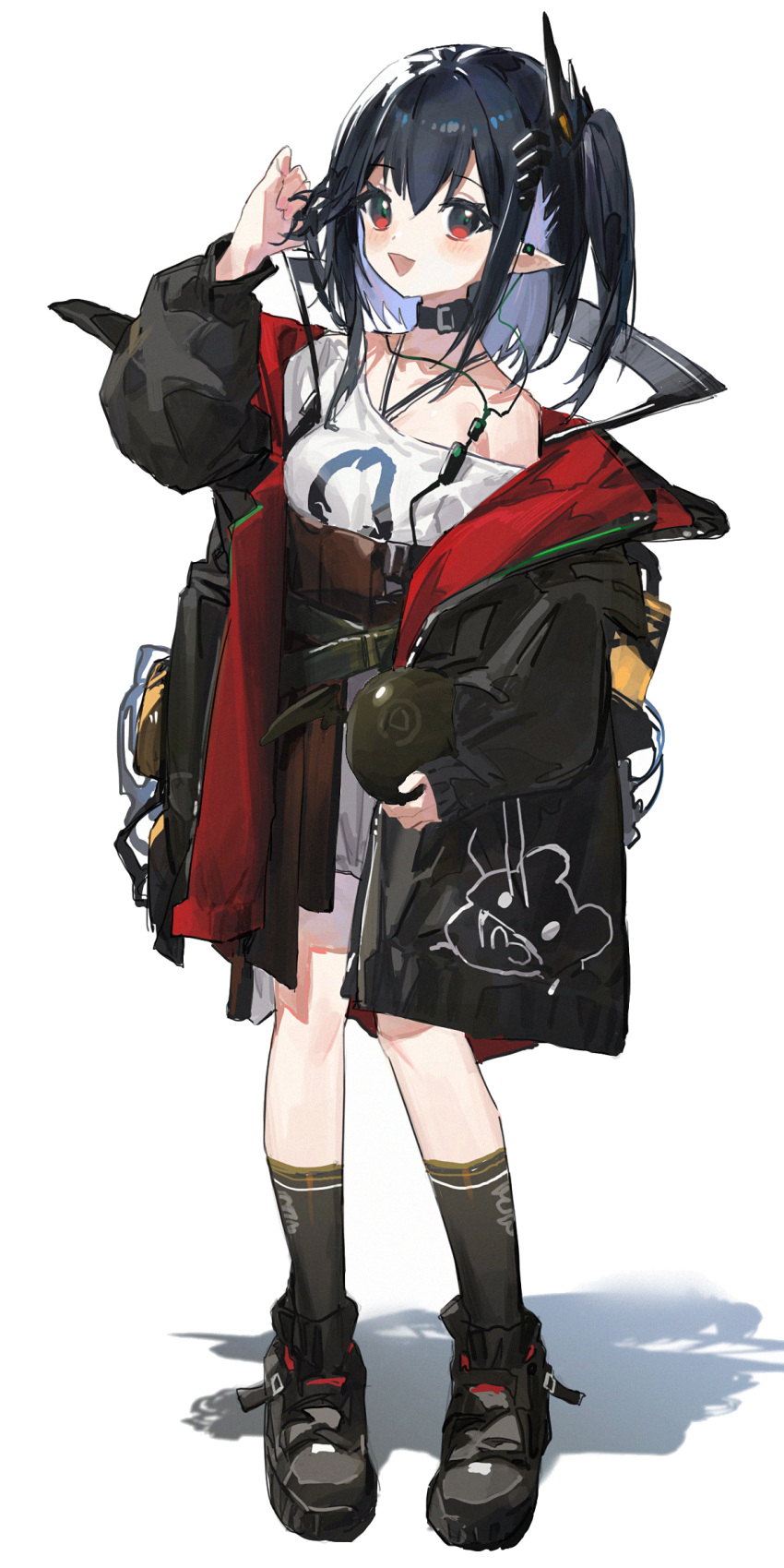 1girl :d arknights arm_up belt_collar black_footwear black_hair black_jacket black_socks closure_(arknights) collar commentary_request ear_piercing full_body highres holding jacket long_hair long_sleeves looking_at_viewer measho one_side_up open_clothes open_jacket open_mouth piercing pointy_ears red_eyes shirt shoes single_bare_shoulder smile sneakers socks solo white_shirt