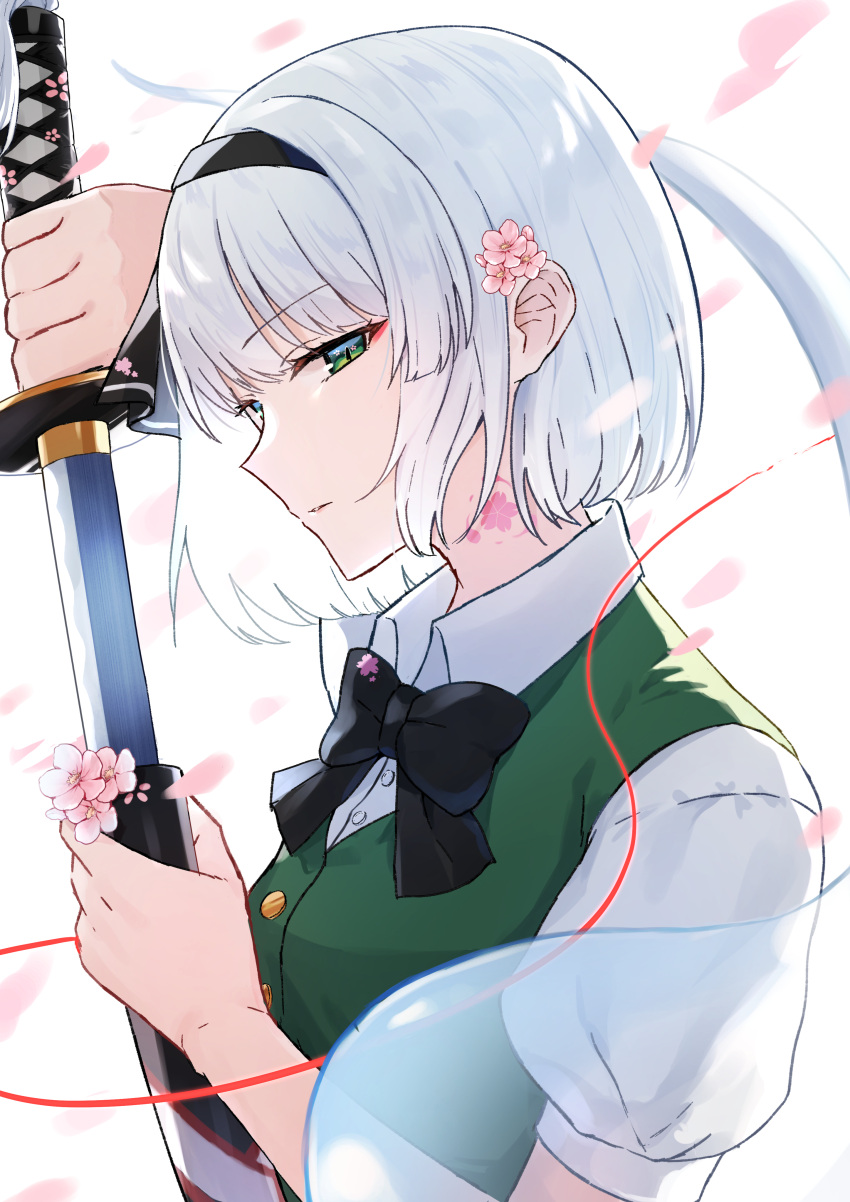 1girl absurdres black_bow black_bowtie black_hairband bow bowtie cherry_blossoms commentary_request flower ghost green_eyes grey_hair hairband highres holding holding_sword holding_weapon katana konpaku_youmu konpaku_youmu_(ghost) looking_at_viewer nano_popo02 petals pink_flower short_hair short_sleeves simple_background solo sword touhou upper_body weapon white_background