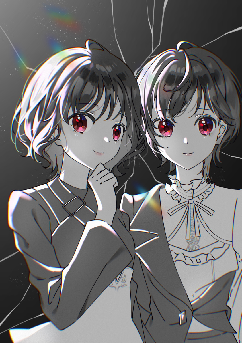 2girls absurdres alternate_hairstyle arima_kana asymmetrical_clothes chinese_commentary chromatic_aberration closed_mouth commentary_request crack greyscale hand_on_own_chin highres lens_flare light_particles long_sleeves looking_at_viewer monochrome multiple_girls multiple_persona oshi_no_ko red_eyes short_hair smile spot_color upper_body wide_sleeves xiang_yu_pai