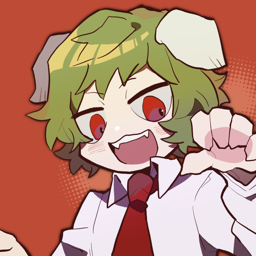 1boy animal_ears collared_shirt commentary_request dog_ears employee_(lobotomy_corporation) fangs green_skirt highres lobotomy_corporation long_sleeves male_focus necktie open_mouth orange_background project_moon red_eyes red_necktie shirt short_hair simple_background skirt smile solo teeth tesna upper_teeth_only white_shirt