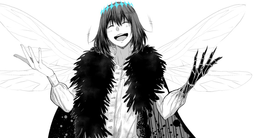 1boy arthropod_boy black_hair cape closed_eyes collared_shirt crown diamond_hairband dragonfly_wings fate/grand_order fate_(series) fur-trimmed_cape fur_trim insect_wings long_sleeves male_focus medium_hair nekopan_(nekopannti) oberon_(fate) oberon_(third_ascension)_(fate) partially_colored shirt simple_background smile solo upper_body white_background white_shirt wings
