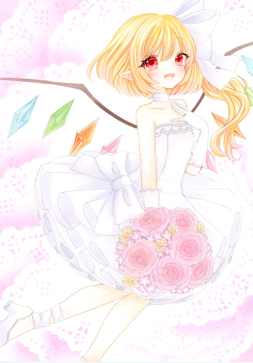1girl :d absurdres blonde_hair bouquet bow bride choker commentary_request crystal dress elbow_gloves fang flandre_scarlet flat_chest flower flower_request foot_out_of_frame gloves hair_bow hand_up happy high_heels highres holding holding_bouquet long_hair looking_at_viewer marker_(medium) no_headwear one_side_up open_mouth pink_flower pointy_ears red_eyes short_hair_with_long_locks simple_background skin_fang smile solo touhou traditional_media very_long_hair white_background white_bow white_dress white_gloves wings yuuki_hana_(jtnp5334)