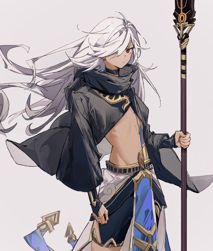 1boy absurdres androgynous arabian_clothes black_choker choker closed_mouth cyno_(genshin_impact) dark-skinned_male dark_skin genshin_impact gyphila1 hair_over_one_eye highres holding holding_polearm holding_weapon long_hair long_sleeves looking_at_viewer male_focus otoko_no_ko polearm red_eyes staff_of_the_scarlet_sands_(genshin_impact) tan very_long_hair weapon white_hair wide_sleeves