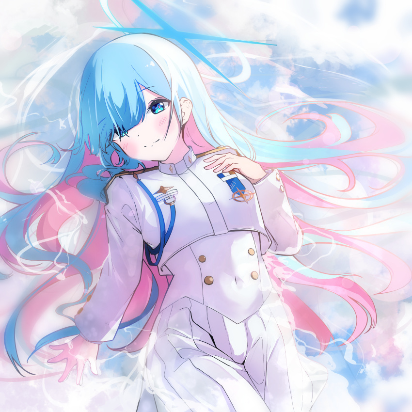 1girl absurdres blue_archive blue_eyes blue_hair general_student_council_president_(blue_archive) glimer3048 halo highres long_hair looking_at_viewer multicolored_hair pink_hair shirt skirt solo two-tone_hair white_shirt white_skirt