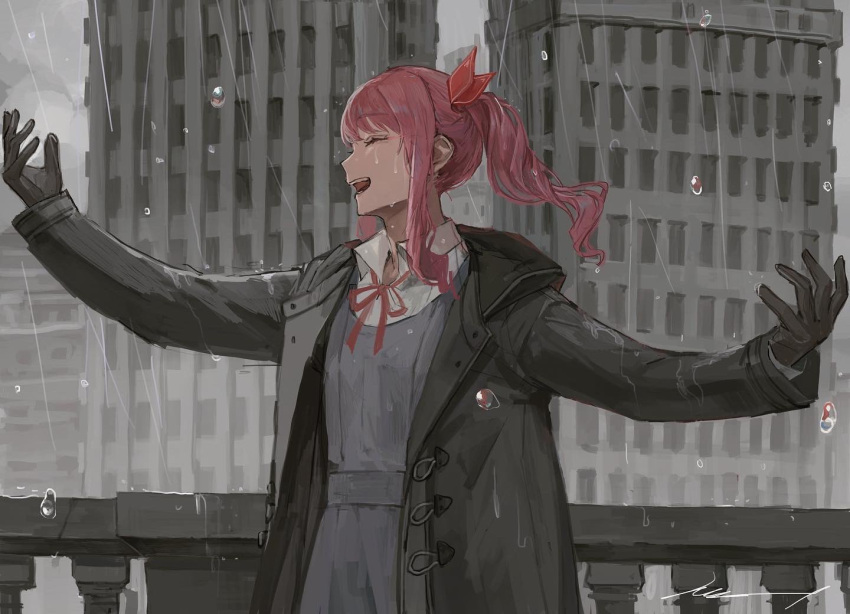 1other akiyama_mizuki black_coat black_gloves closed_eyes coat collared_shirt commentary_request cowboy_shot gloves long_hair neck_ribbon open_clothes open_coat open_collar open_mouth outdoors outstretched_arms pink_hair project_sekai rain ratte_(cf) red_ribbon ribbon shirt side_ponytail sidelocks solo teeth upper_teeth_only