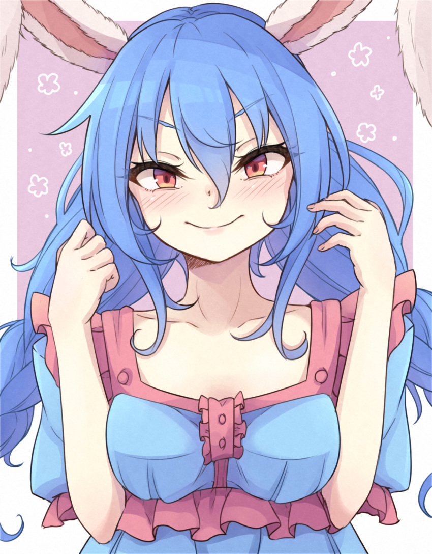 1girl animal_ears blue_hair breasts closed_mouth collarbone commentary_request hair_between_eyes highres looking_at_viewer low_twintails neko_mata purple_background rabbit_ears rabbit_girl red_eyes seiran_(touhou) short_sleeves smile solo touhou twintails upper_body