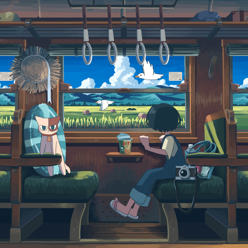 1girl absurdres animal bag bird black_hair blue_overalls blue_sky camera cat clouds cup day facing_away field flip-flops from_side hat headwear_removed highres innertube itami_gomi looking_outside mountainous_horizon original overalls sandals shirt short_hair short_sleeves sitting sky solo straw_hat train_interior white_bird window yellow_shirt