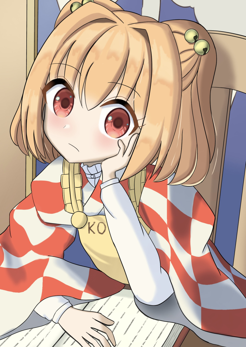 1girl bell blush chair checkered_clothes checkered_kimono closed_mouth expressionless eyelashes hair_bell hair_ornament hand_on_own_cheek hand_on_own_face hand_up highres japanese_clothes jingle_bell kimono light_brown_hair long_sleeves looking_at_viewer medium_hair motoori_kosuzu red_eyes solo touhou two_side_up urotsua wide_sleeves